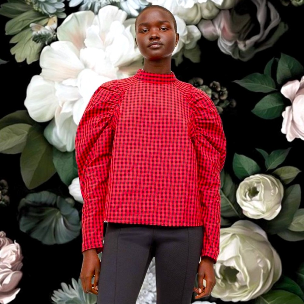 H&M Red & Black Plaid/ check Puff Sleeve Top
